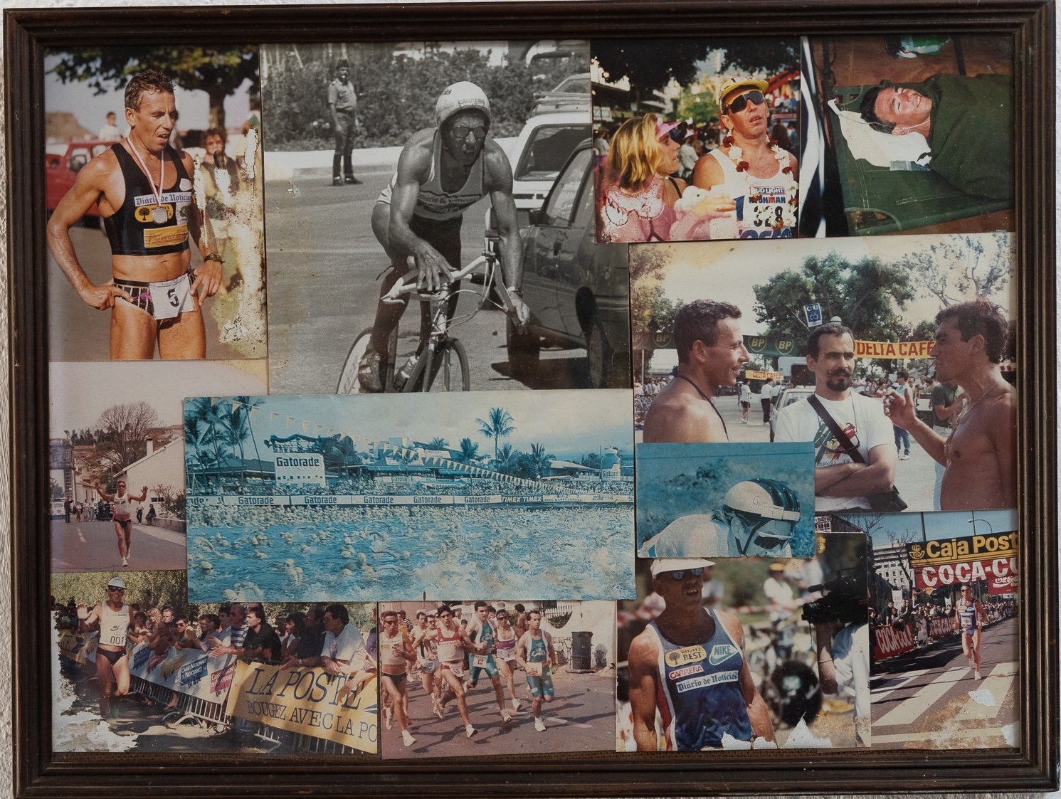 Framed photographs of Fernando's racing career since the 1980s
